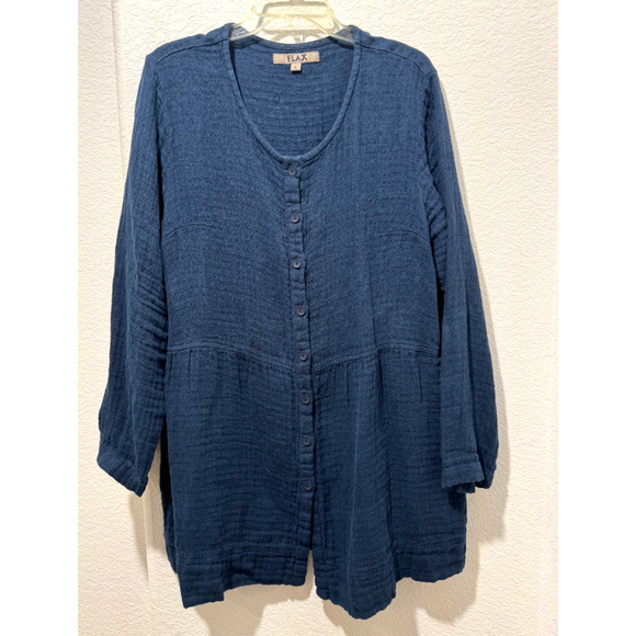 Flax Womens Tunic Top Button Front Blue Linen Pockets Long Sleeve Sz L Relaxed - Picture 1 of 9
